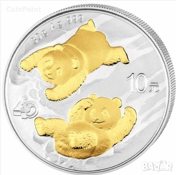 Сребърна монета 10 Yuan 2022 позлатена Панда, снимка 1