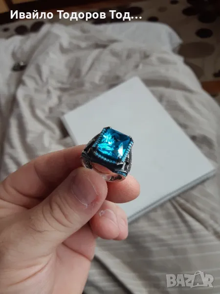 Мъжки бутиков сребърен пръстен с огромен аквамарин, снимка 1