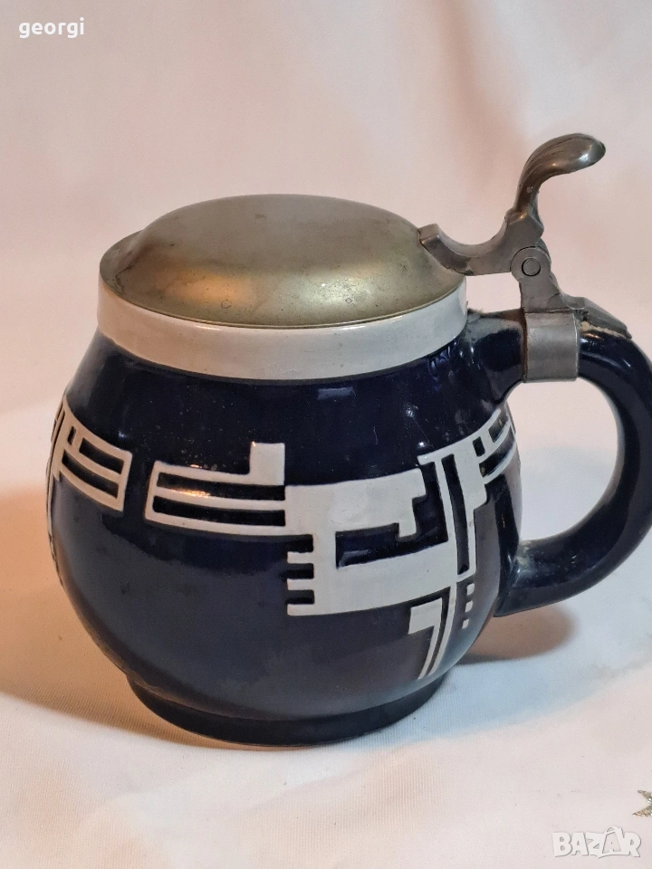 ретро немска керамична халба с калаен похлупак 32/4, снимка 1