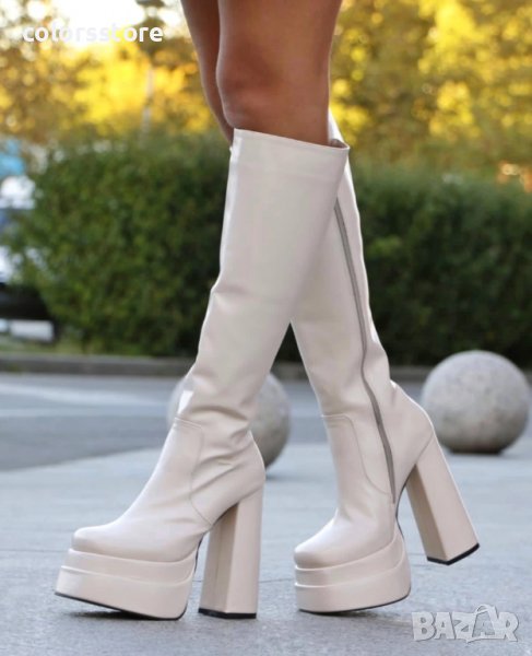 Боти на ток - бежова кожа - NBT10, снимка 1