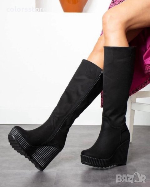 Ботуши на платформа - черен велур - BNP200, снимка 1