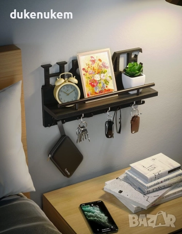 Дървена кутия за ключове за стена с 11 куки и рафт, бяла или черна, снимка 3 - Етажерки - 52277897