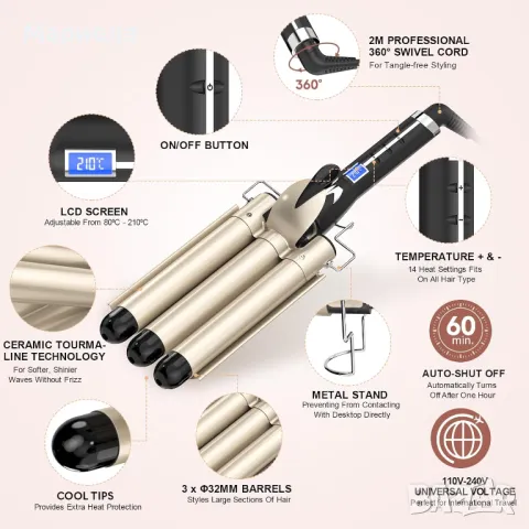 Ретро преса 32мм. / 14 дигитални настройки за нагряване между 80-210 °C, снимка 7 - Маши за коса - 49097213