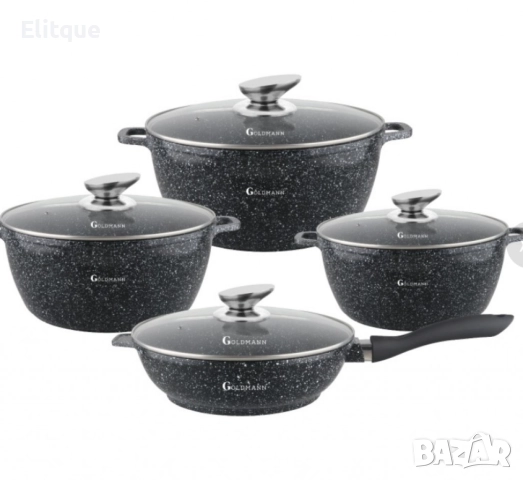 Комплект тенджери Goldmann -2.3\4.5\6.5\2.3L., Лят алуминий, Мраморно покр.,  отвътре/отвън