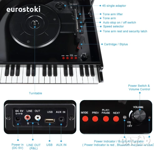 Грамофон Vosterio B-629-7, 3 скорости, вградени стерео високоговорители, Bluetooth вход и изход, снимка 9 - Грамофони - 51110146