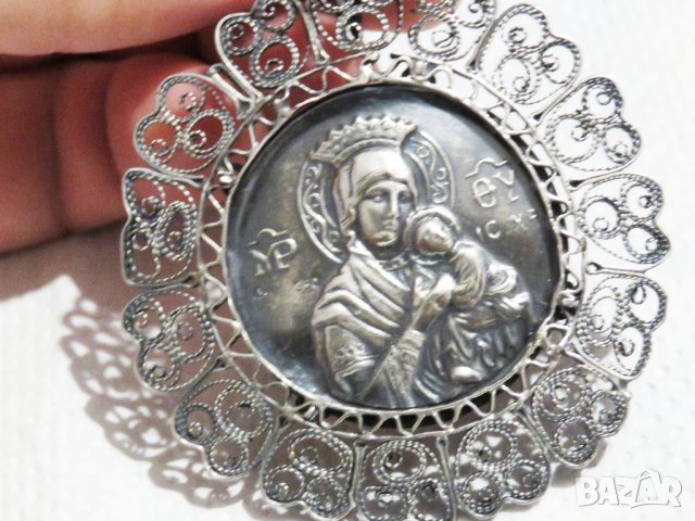 Възрожденска Сребърна икона, амулет, накит, медальон с Богородица, Дева Мария - Панагия 60 мм - Бого, снимка 8 - Антикварни и старинни предмети - 32350179