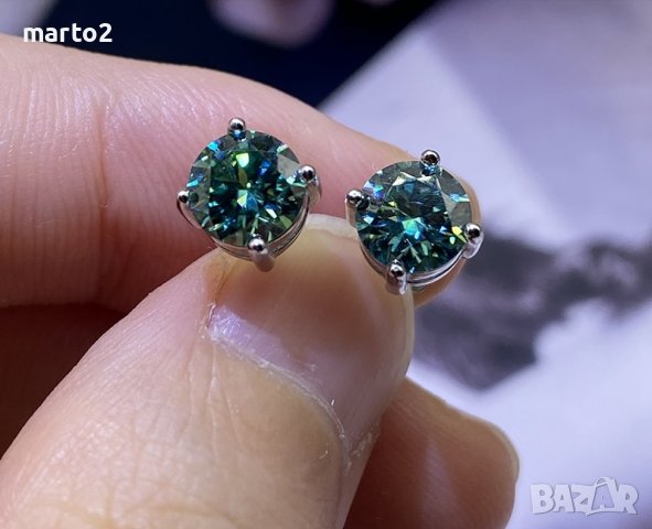 Сребърни Обеци S925 със синьо-зелени Мойсанити - по 1 карат на обеца, снимка 4 - Обеци - 37376472