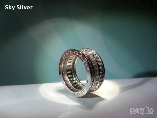 Сребърен пръстен с багети, модел на BVLGARI, снимка 1 - Пръстени - 28044949