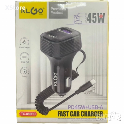 Автомобилно бързо зарядно KLGO PD45W+USB-A