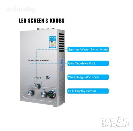 ANIMABG Външен бойлер от неръждаема стомана, LPG пропан газ моментално затопляне, 10 литра, снимка 3 - Друга електроника - 43839755