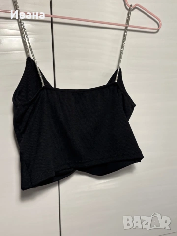 Черен топ с бляскави презрамки, снимка 3 - Рокли - 53526043
