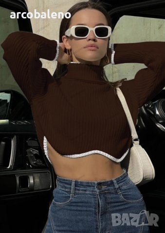 Дамски къс пуловер с яка и неравен подгъв, 9цвята, снимка 18 - Блузи с дълъг ръкав и пуловери - 43905120