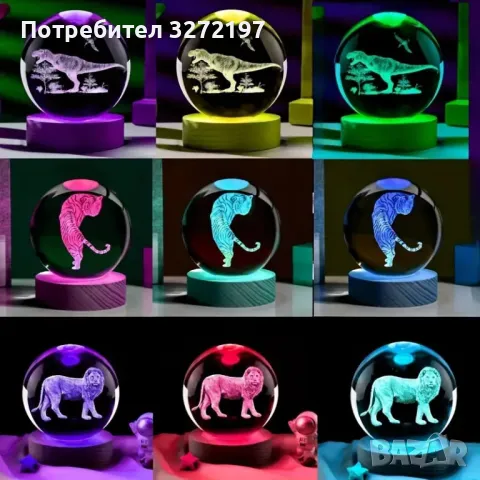 LED Светеща кристална топка/лампа, 3D сензорна - Динозавър, снимка 5 - Настолни лампи - 47972682