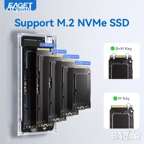 EAGET кутия за M.2 NVMe SSD, USB 3.2 Gen 2 (10 Gbps), прозрачна с RGB, PCI-E M2 M-Key 2280 2260 2242, снимка 2 - Други - 52624917