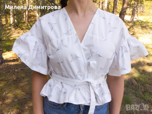 Къса блуза с къдри и принт Колибри , снимка 7 - Корсети, бюстиета, топове - 49975873