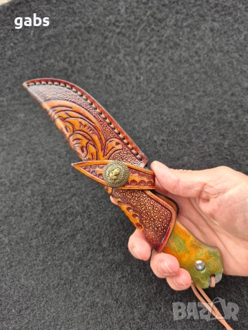 Уникален ловен нож дамаска стомана,фултанг с кожена кания LN422, снимка 12 - Ножове - 52212970