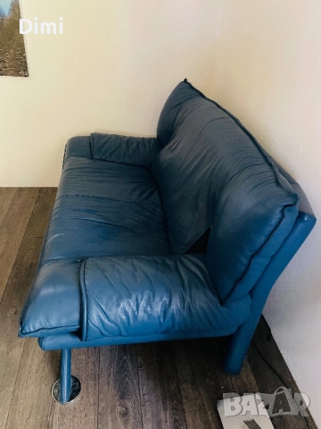 Кожен диван*БЕЗПЛАТЕН ТРАНСПОРТ*Син диван от естествена кожа, снимка 2 - Дивани и мека мебел - 52035676