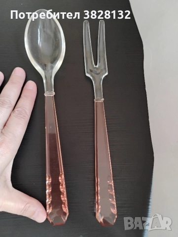 Винтидж кристални розови стъклени прибори за сервиране на салата (лъжица и вилица). , снимка 3 - Антикварни и старинни предмети - 51911061