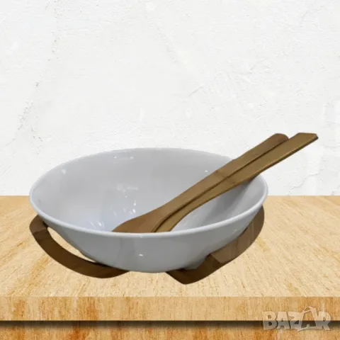 Луксозен комплект за салата с керамична купа и дървени аксесоари, снимка 3 - Други стоки за дома - 49850938