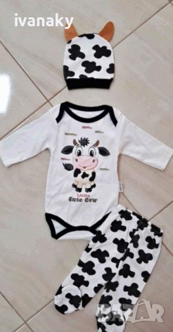 Намалено от 36лв Бебешки комплект от 3 части, боди ританки, шапка Крава, снимка 2 - Комплекти за бебе - 43844369