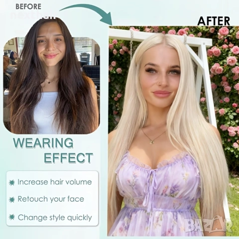 Перука 80 см — платинено светло руса, дълга права, синтетична, с път, снимка 9 - Аксесоари за коса - 53020160