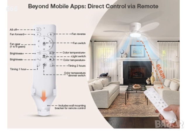 Таванен вентилатор със светлини и дистанционно управление, снимка 2 - Други - 52931264
