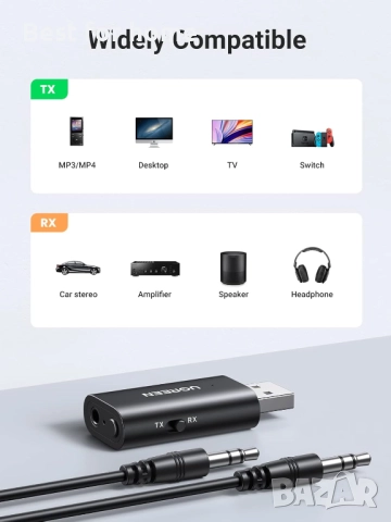 UGREEN USB 2.0 към 3.5 мм Bluetooth предавател, снимка 7 - Друга електроника - 52613672