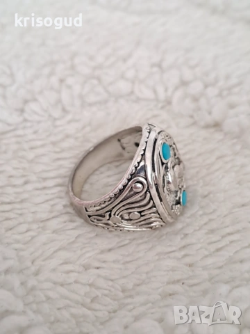 Мъжки пръстен от неръждаема стомана с Гарван и синтетичен тюркоаз, снимка 2 - Пръстени - 53032596