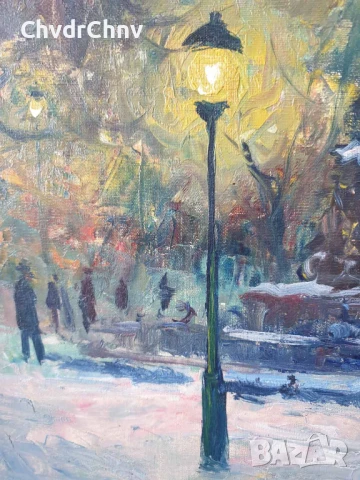 61х53см/абстрактна картина масло върху платно/градски пейзаж-зима-фонтан/дървена рамка, снимка 5 - Картини - 51019825