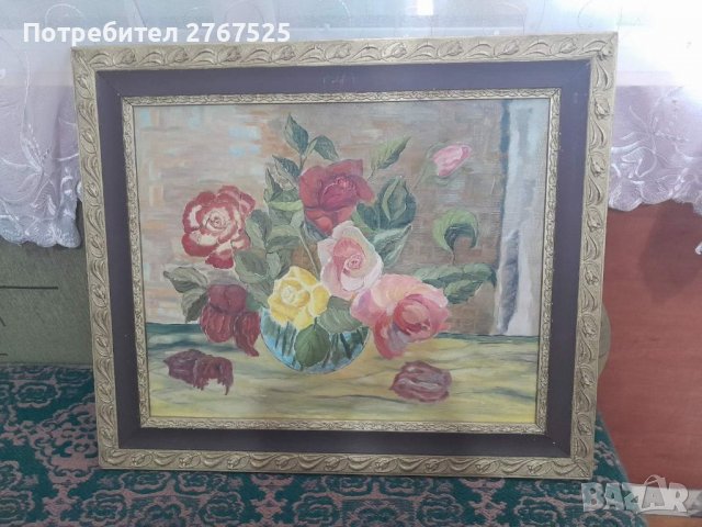 53х63см Стара Картина на платно рисувана с маслени бои цветя, снимка 2 - Колекции - 38987930