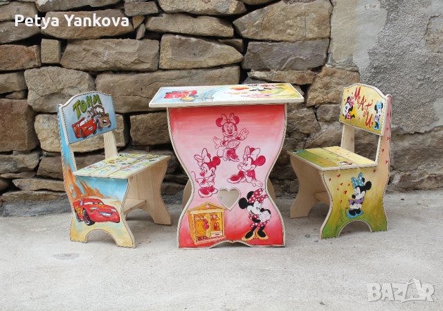 детска дървена рисувана маса с 2 стола, снимка 10 - Мебели за детската стая - 19579536