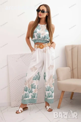 Дамски вискозен комплект от две части топ и панталон с щампа на листа, 8цвята , снимка 8 - Комплекти - 50505345