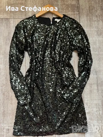 Wow блестяща нова  къса парти коктейлна официална тъмно маслено зелена еластична рокля пайети, снимка 7 - Рокли - 48144459