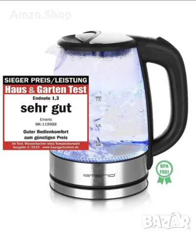 Стъклена електрическа кана Чайник Emerio 1.7L безжичен без BPA , снимка 3 - Кани - 47444096
