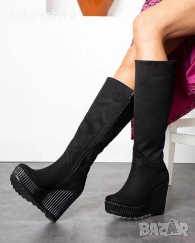 Ботуши на платформа - черен велур - BNP200