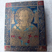 Стара малка бронзова икона с емайл - Свети Никола, снимка 3 - Антикварни и старинни предмети - 44882293