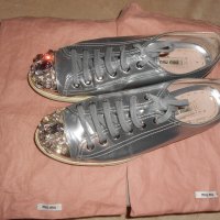 Miu Miu Silver Crystal Swarovski Leather Sneakers, снимка 1 - Дамски ежедневни обувки - 26638146