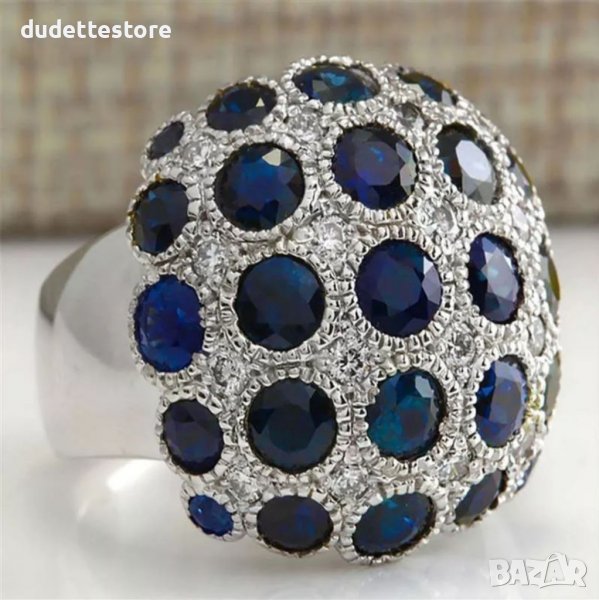 Голям сребърен пръстен със сини камъни, снимка 1