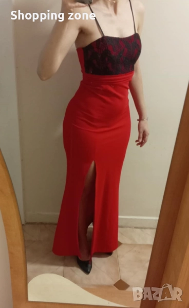 Червена официална рокля с дантела и цепка, снимка 1