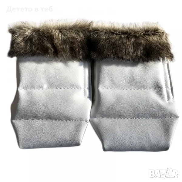 Кожени ръкавици, маншон с еко пух, бял, снимка 1