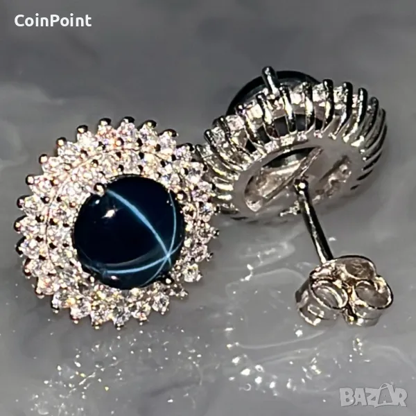 Сребърни обеци с натурални звездни Сапфири , снимка 1