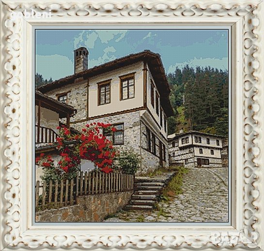 гоблен "КЪЩАТА С ТРЕНДАФИЛА" серия "БЪЛГАРИЯ"- ДБ; шев - 1:1; размери /35*35/ см.; 45цвята., снимка 1