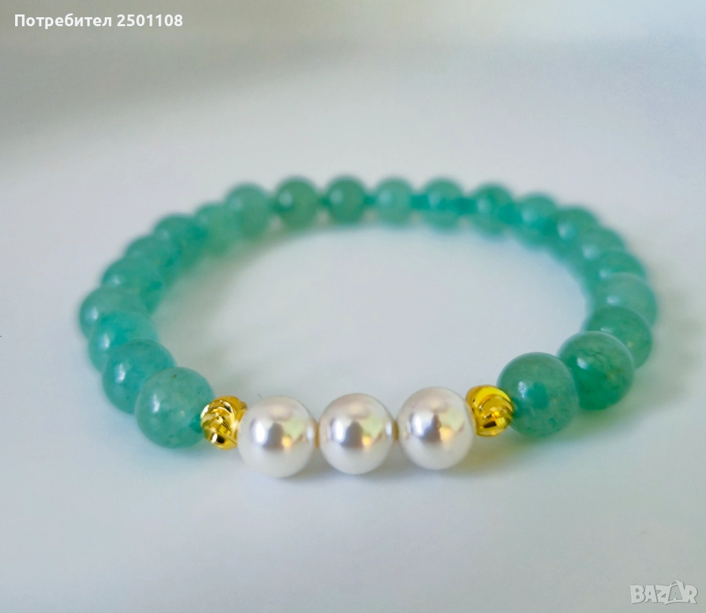 Гривна от естествени камъни – Зелен Авантюрин, перли и позлатени мъниста 18K , снимка 1