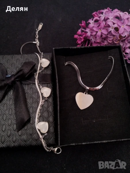 Колие и гривна със сърце от медицинска стомана. Цвят на сърцата на гривната: бял, черен, снимка 1