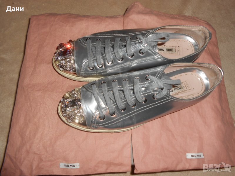 Miu Miu Silver Crystal Swarovski Leather Sneakers, снимка 1