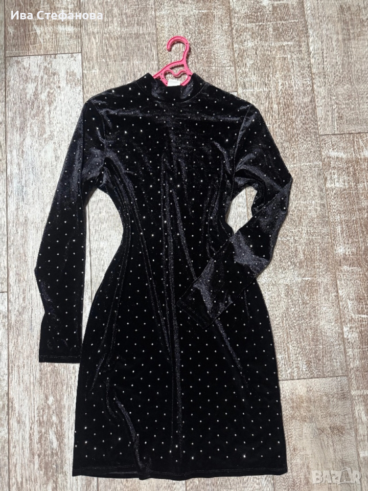 Нова разкошна парти бляскава коктейлна официална черна кадифе кадифена рокля, снимка 1