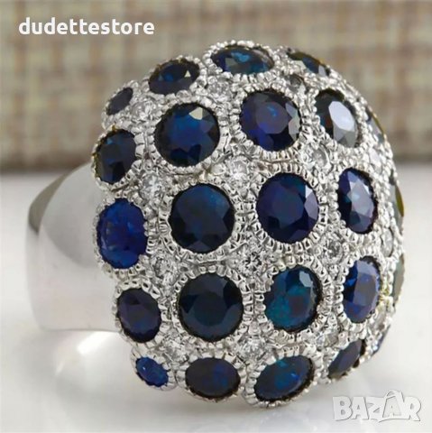 Голям сребърен пръстен със сини камъни