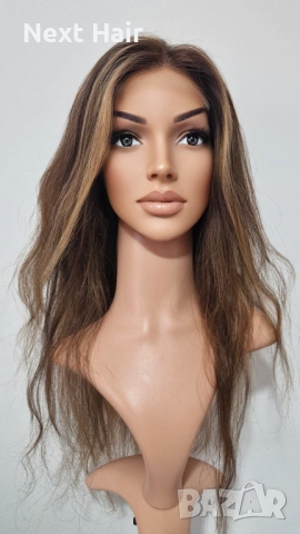 Естествена перука, кафява с руси кичури, 60 см, Lace 4х4