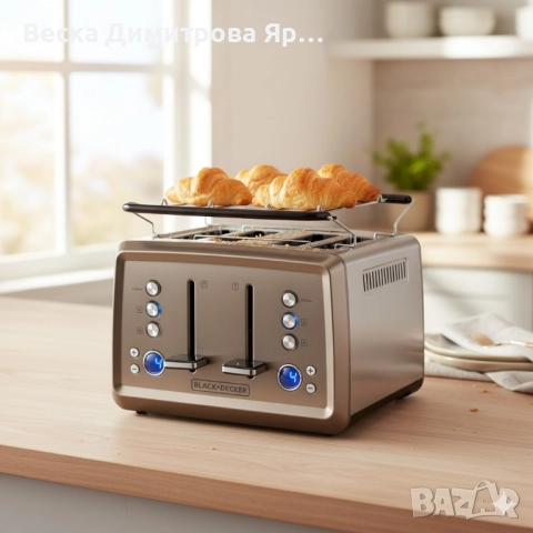 Мощен тостер Black+decker BXTO1960E - Неръждаема стомана с 4 слота, LCD дисплей и стойка за кифли, снимка 2 - Тостери - 52055719
