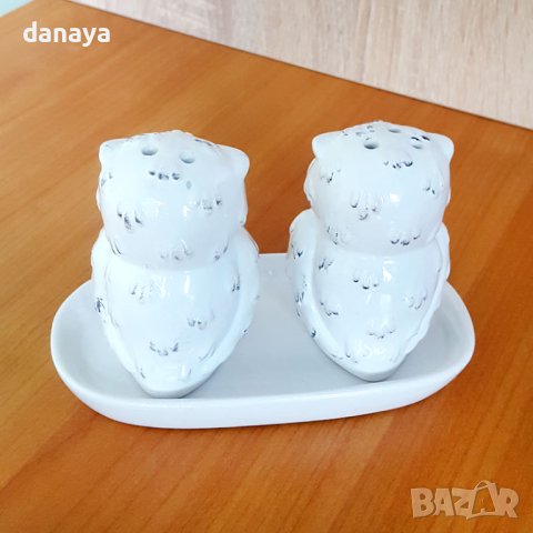 1628 Комплект керамични солнички на поставка Бухалчета, снимка 5 - Аксесоари за кухня - 44066623